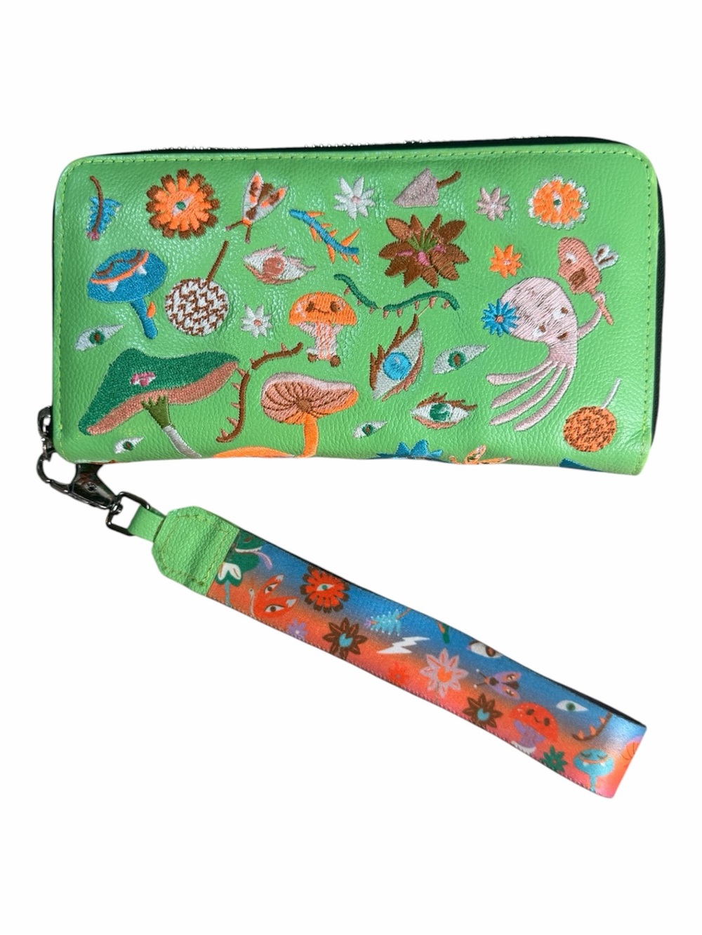 Min & Mon Bright Green Embroidered Mushroom Wristlet Wallet Clutch